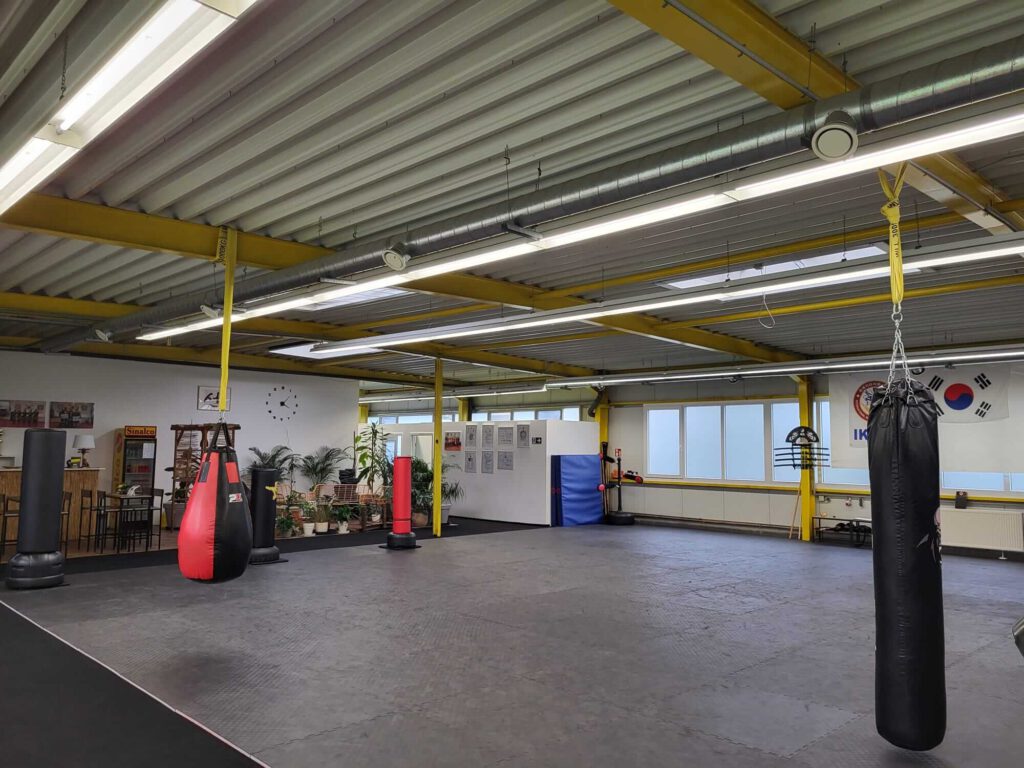Ein Trainingsraum mit Mattenboden, mehreren Sandsäcken und Übungspuppen. An der Wand hängen Flaggen und Trainingspläne, daneben stehen Pflanzen und Sitzmöbel.