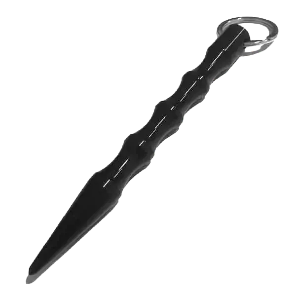 Kampfkunstschule Korean Fighters Werl - Kobutan als Schlüsselanhänger Nahaufnahme eines schwarzen Kubotan (Kobutan) als Schlüsselanhänger auf weißem Hintergrund – kompaktes Selbstverteidigungs-Tool, häufig genutzt im Techniktraining der Korean Fighters Werl.