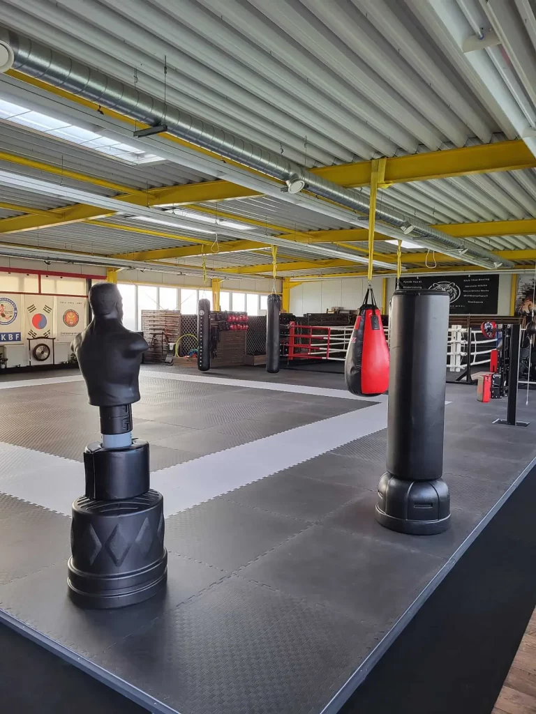 Kampfkunstschule Korean Fighters Werl - Trainingsbereich Großer Trainingsbereich (Dojang) der Korean Fighters Werl mit Mattenboden, freistehenden Trainingsdummys/Boxsäcken und hängendem Sandsack; gelbe Stahlträger, helle Fensterfront und Boxring im Hintergrund – vielseitige Trainingsumgebung für Kampfsport.