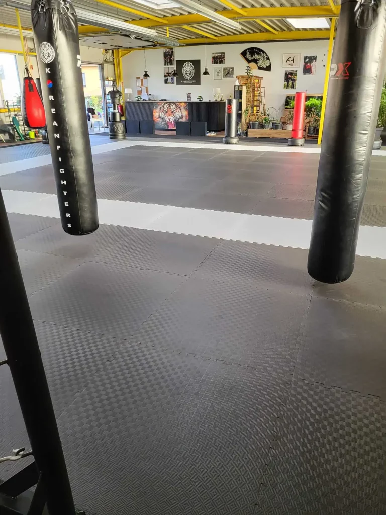 Kampfkunstschule Korean Fighters Werl - Trainingsbereich - Boxsäcke - 2 Weitwinkel im Trainingsbereich der Korean Fighters Werl: zwei große hängende Boxsäcke im Vordergrund, breite Mattenfläche mit freien Bahnen; im Hintergrund Empfangstresen, Pflanzen und weitere Trainingsgeräte – offene Fläche für Technik und Sparring.